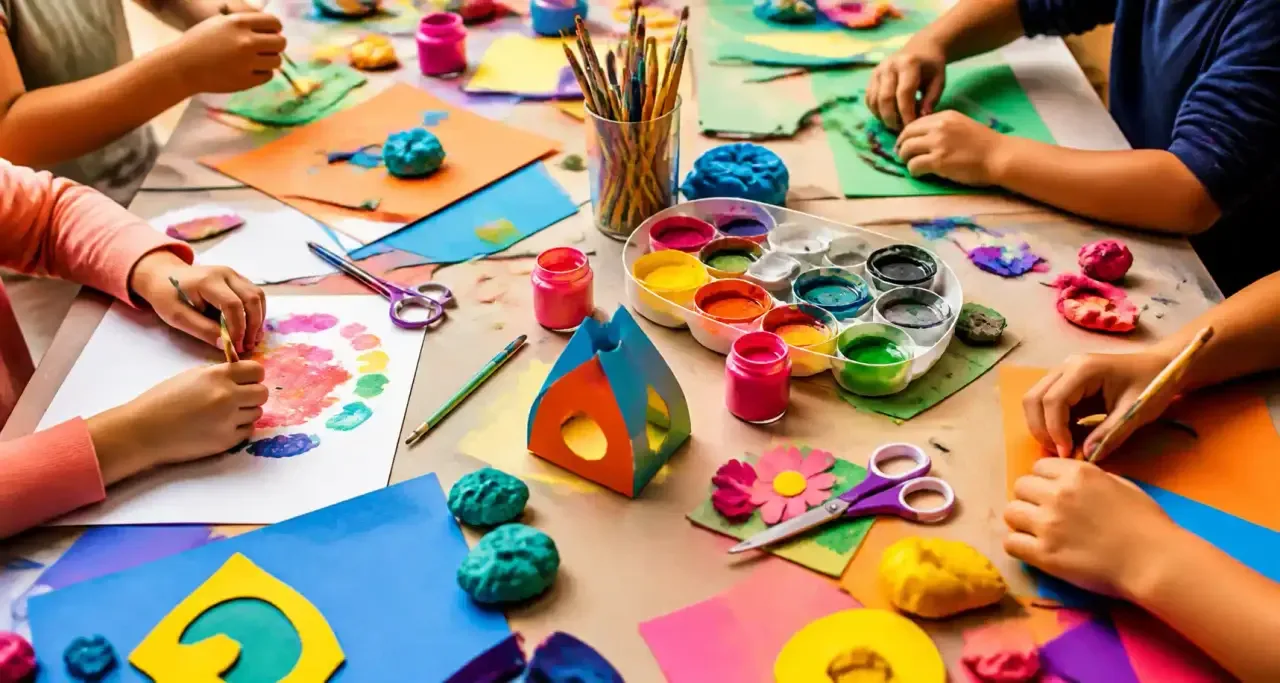 Atelier créatif pour enfants avec peinture et pâte à modeler sur une grande table