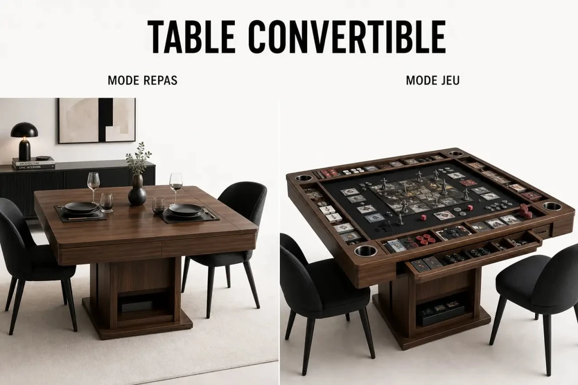 Table de jeux de société convertible en mode repas et en mode jeu avec accessoires