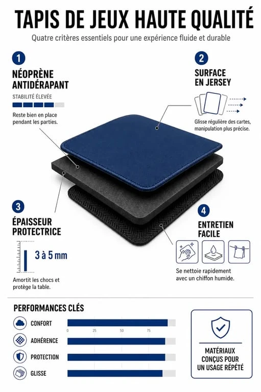 Infographie des caractéristiques d'un tapis de jeux de société de qualité