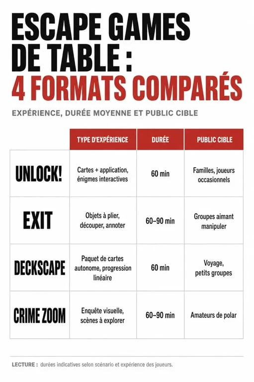 Comparatif des gammes de jeux de société escape game : Unlock, Exit, Deckscape et Crime Zoom