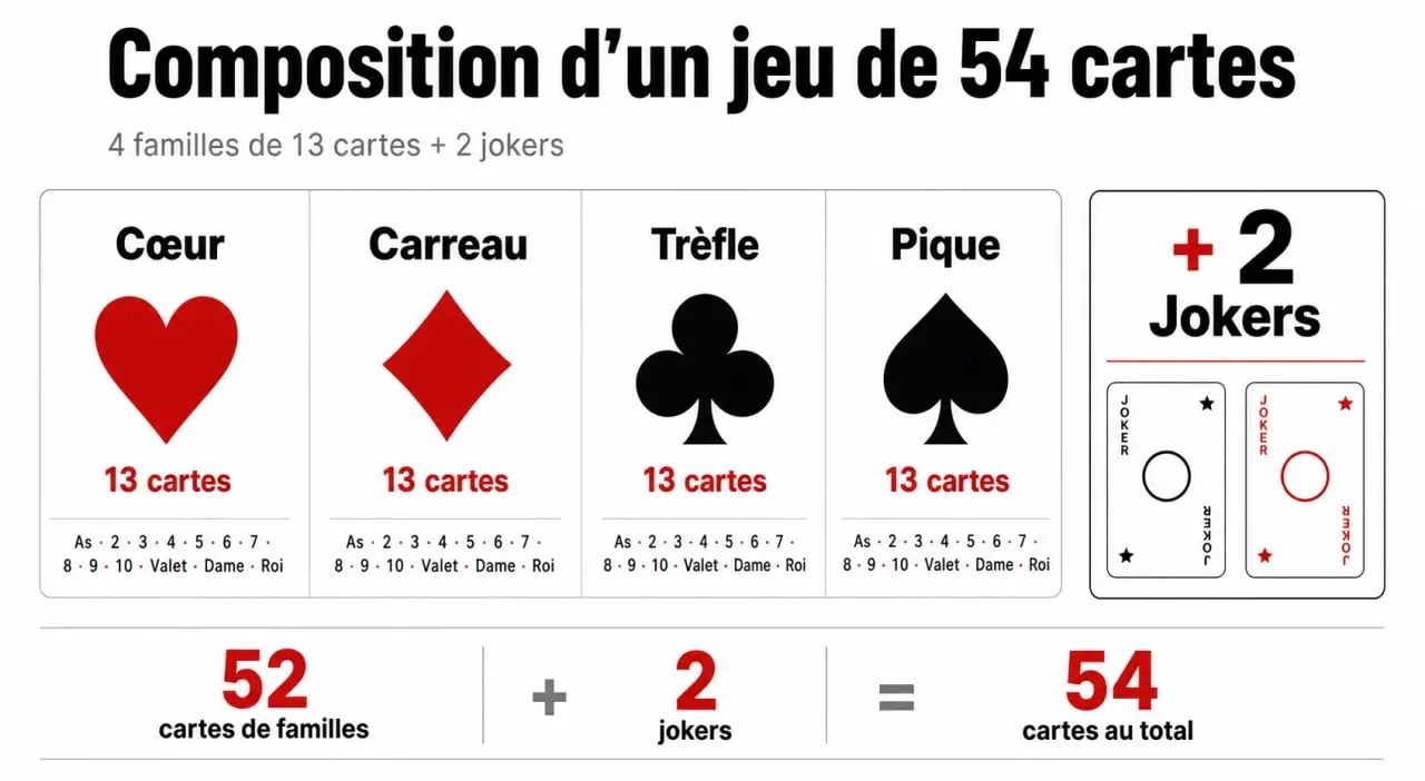 Composition d'un jeu de 54 cartes avec les 4 familles et les jokers
