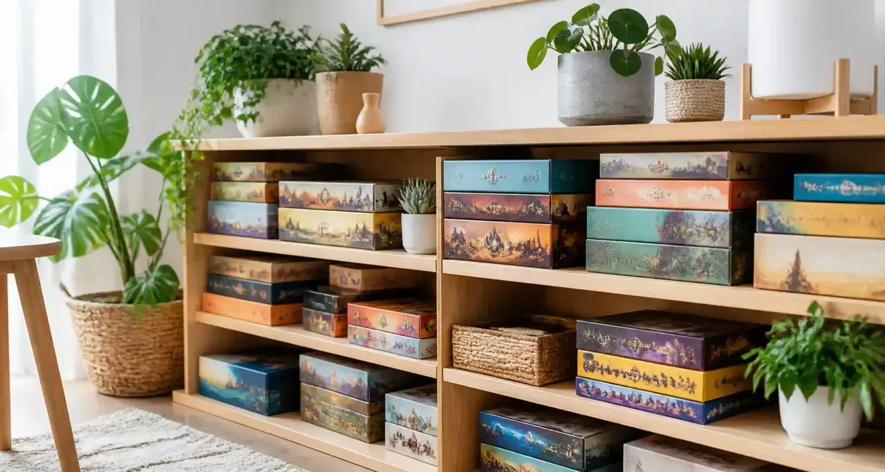 Étagère de collection remplie de boîtes de jeux de plateau dans un intérieur scandinave