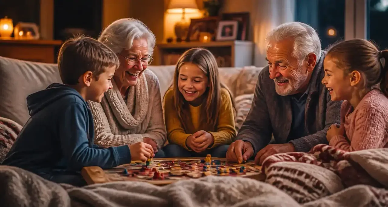 Grands-parents et enfants réunis autour d'un jeu de plateau, moment de partage intergénérationnel