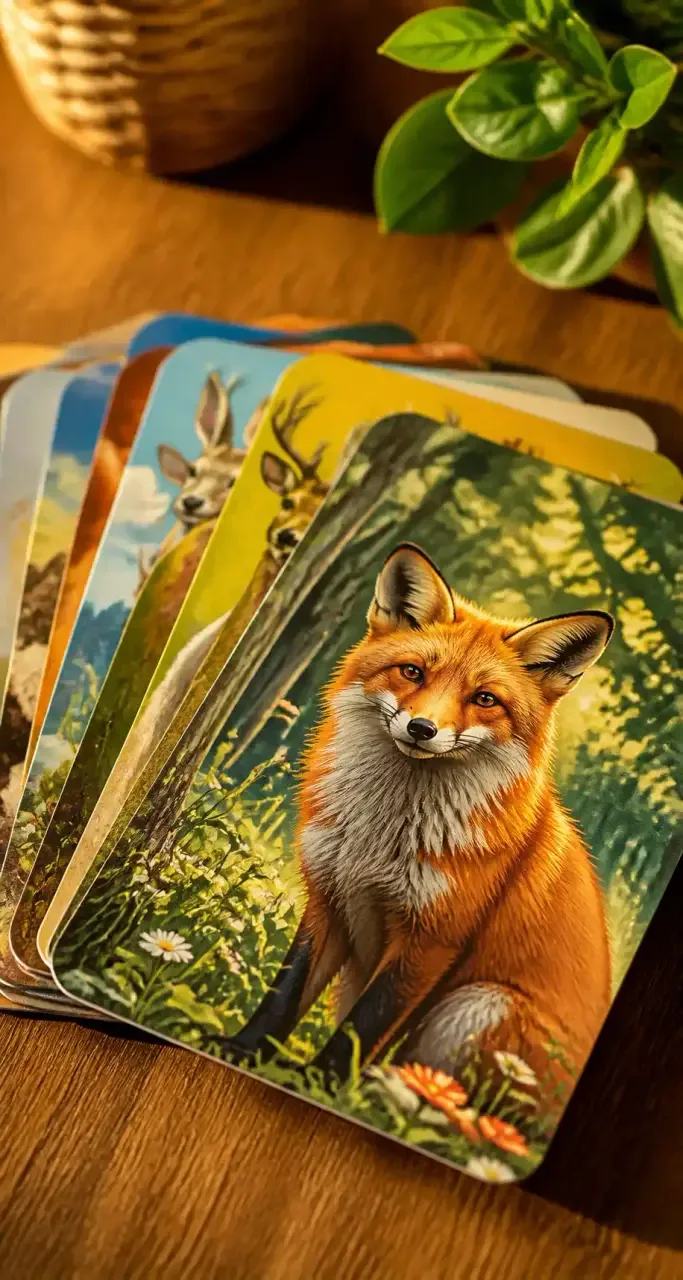 Jeu de cartes éducatif illustré aux couleurs vives posé sur une table en bois
