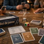 Jeux de société Mot de passe : cartes, sabliers et dé sur table
