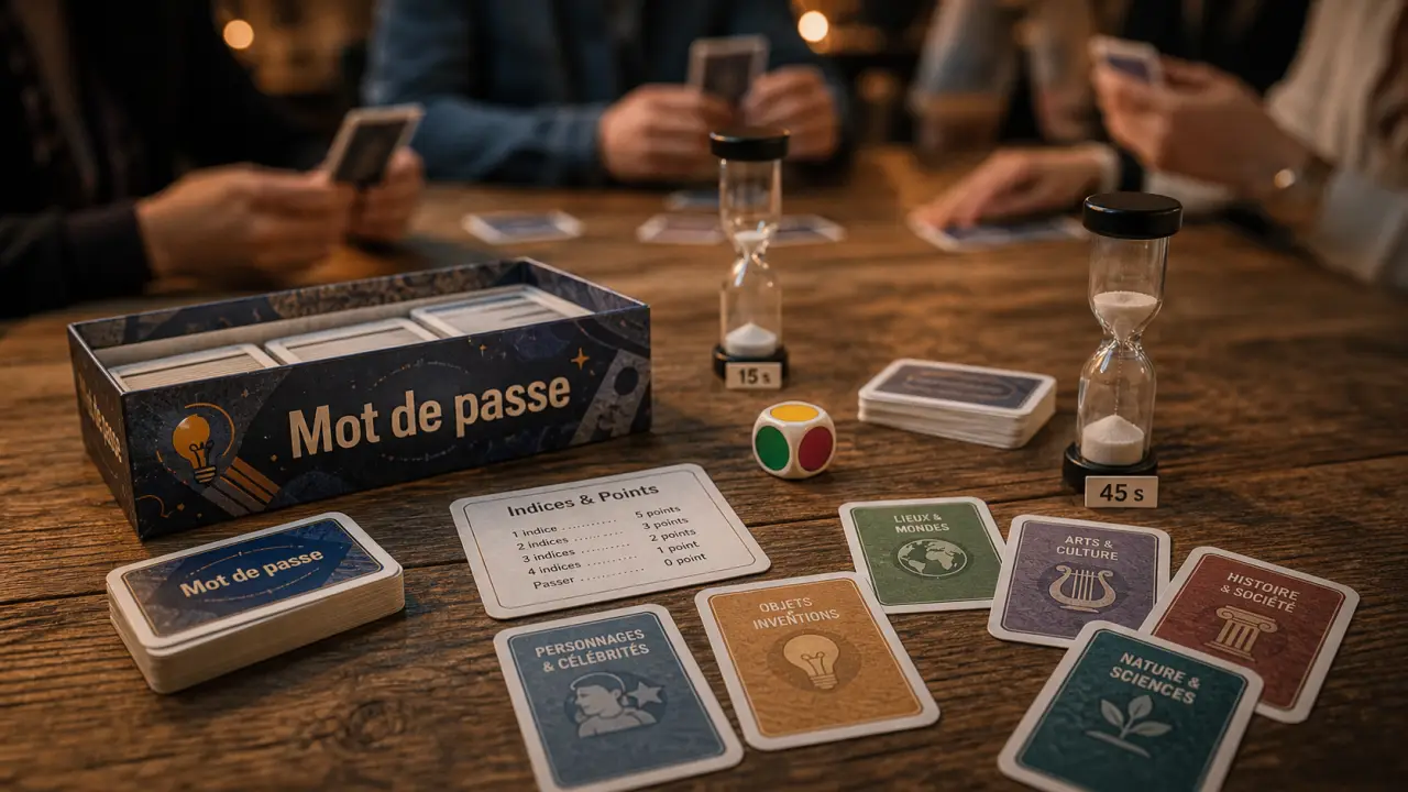 Jeux de société Mot de passe : cartes, sabliers et dé sur table