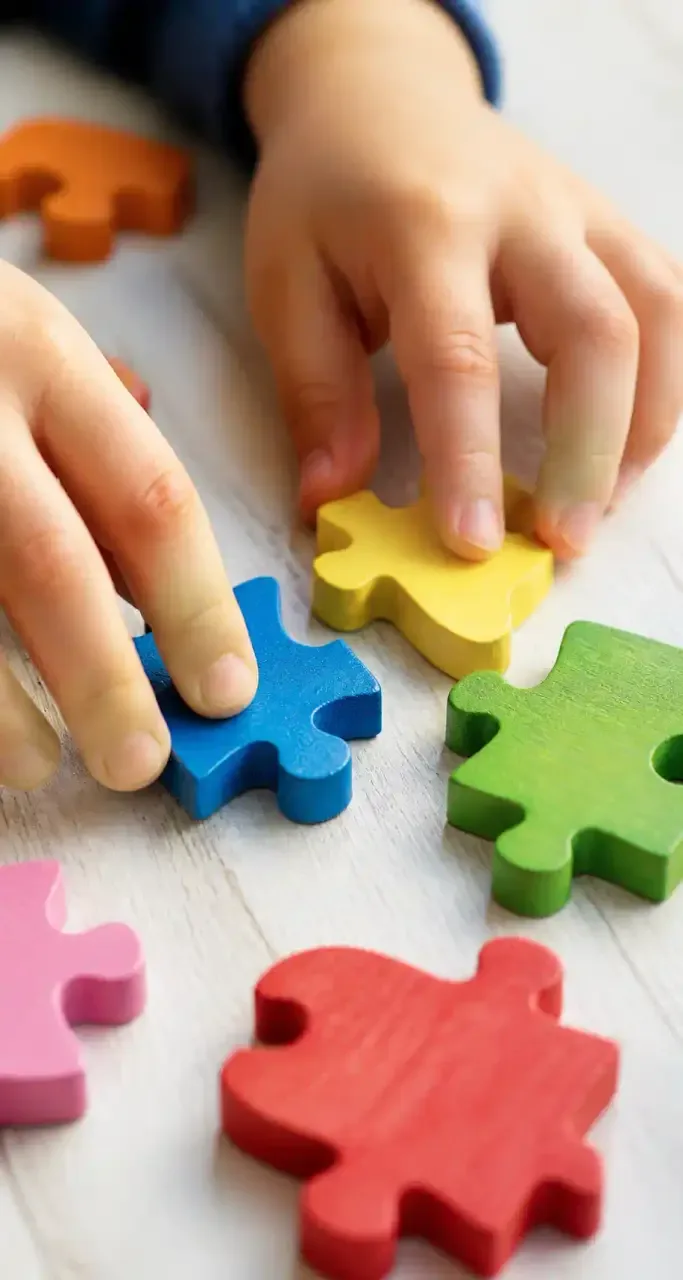 Mains d'enfants assemblant un puzzle en bois coloré, gros plan