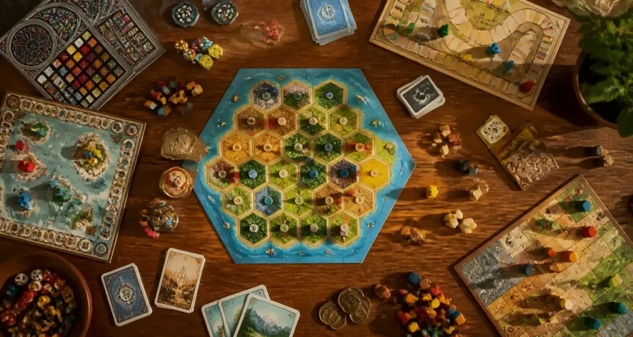 Vue aérienne d'une table de jeu de société en famille, plateau, cartes et pions colorés