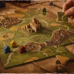 Carcassonne jeux de société : plateau de tuiles médiévales, routes et cité