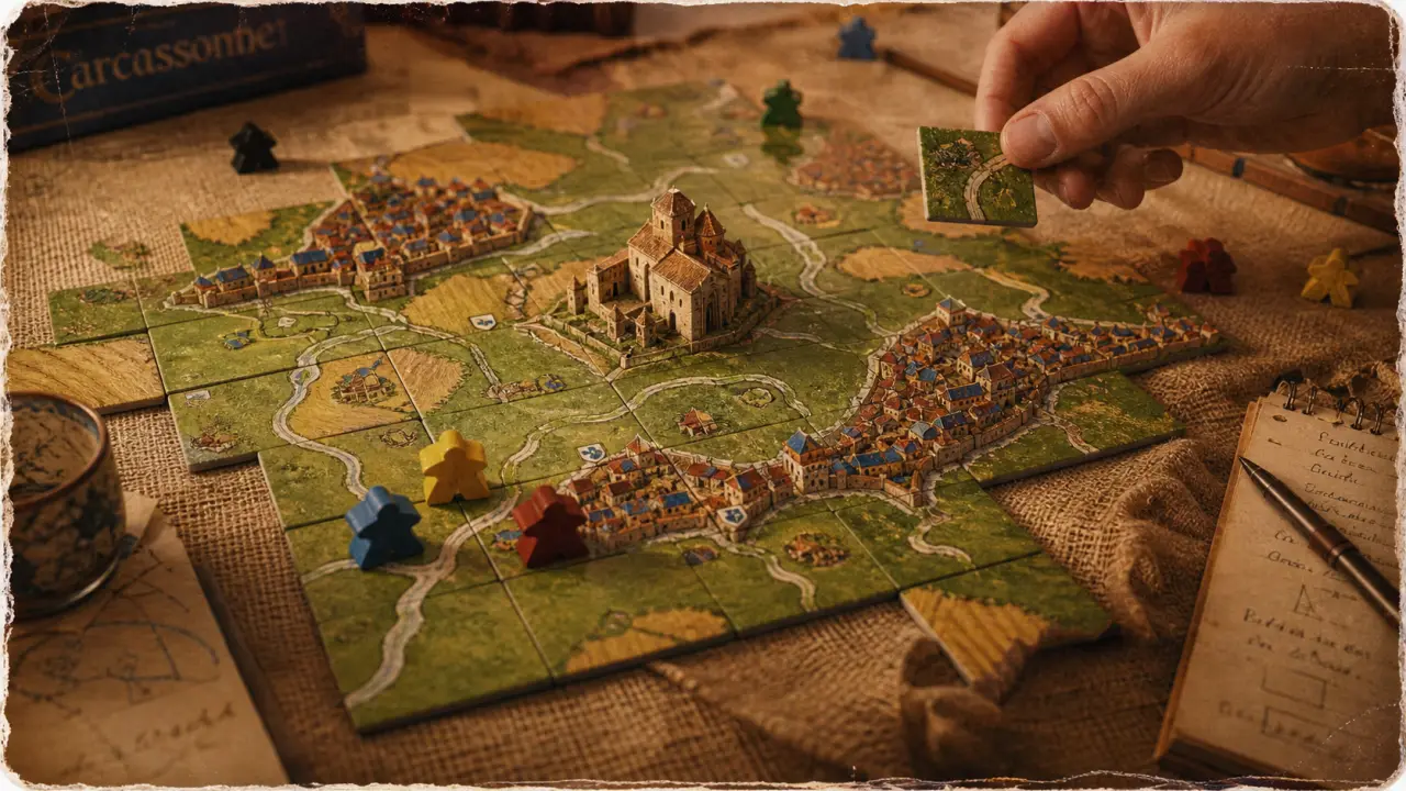Carcassonne jeux de société : plateau de tuiles médiévales, routes et cité