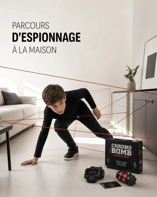 Jeux de société Chrono Bomb en situation de parcours d’espionnage dans un salon
