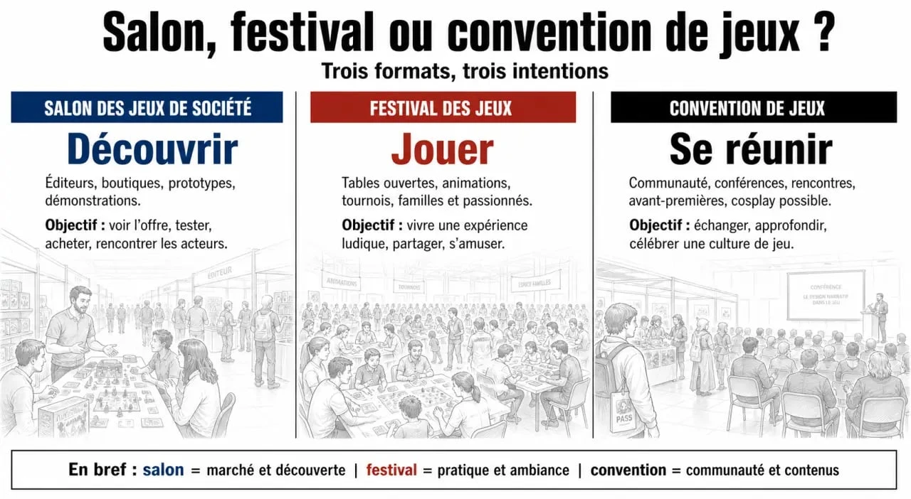 Salon des jeux de société : comparaison visuelle entre salon, festival et convention