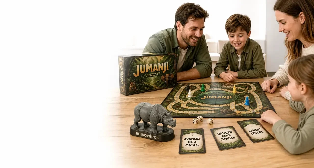 Jeux de société Jumanji avec plateau, cartes et figurine de rhinocéros en situation familiale