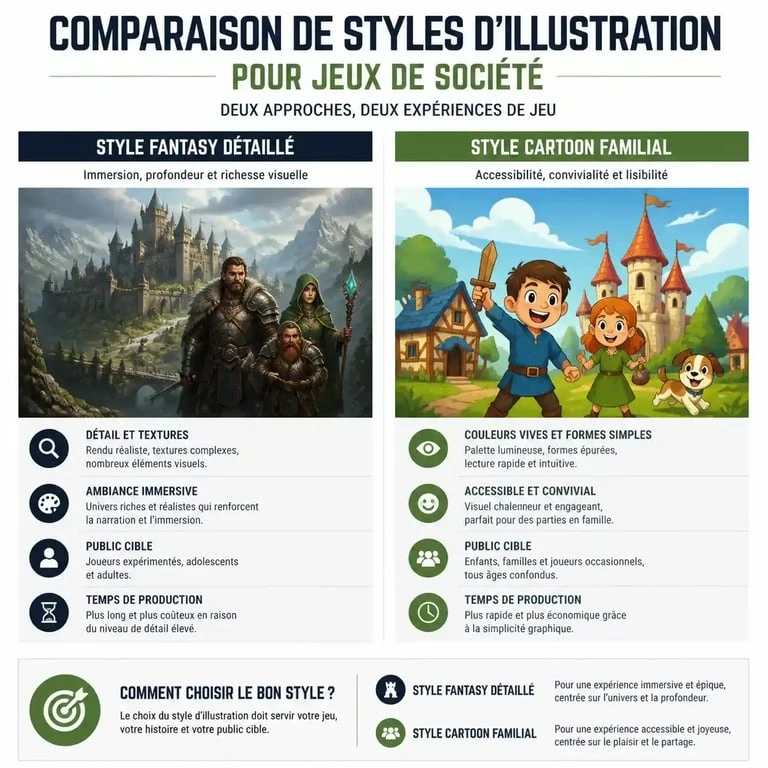 Comparaison des styles d'illustration pour jeux de société : fantasy détaillé vs cartoon familial