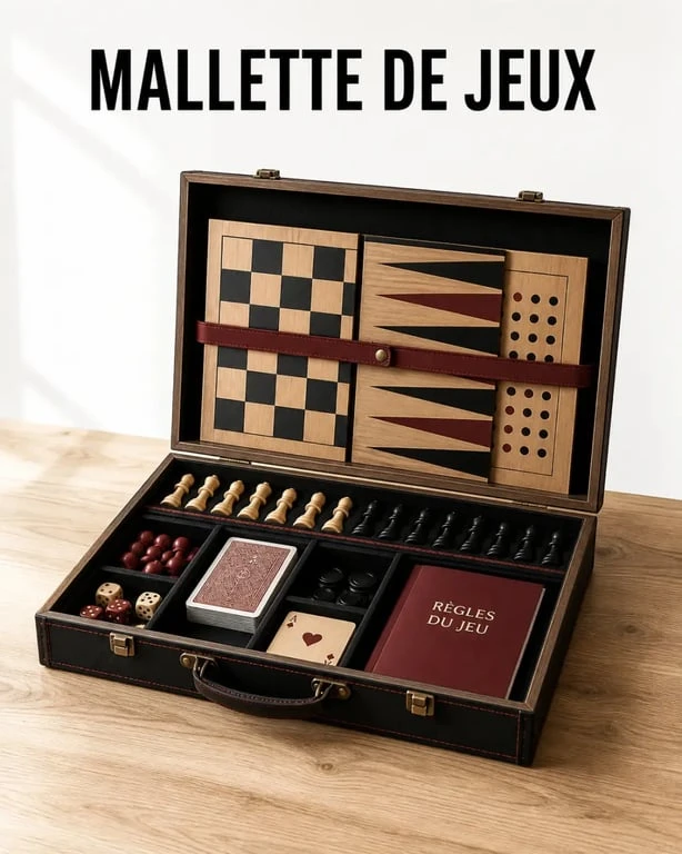 Mallette jeux de société ouverte montrant les plateaux, pions et règles