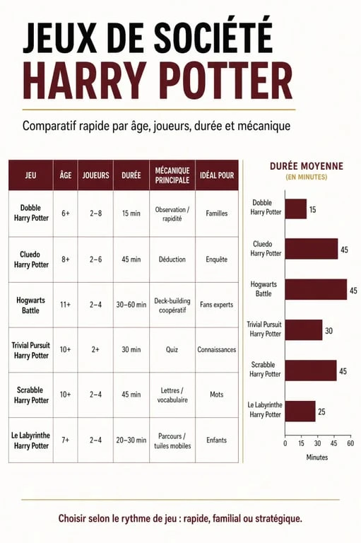 Jeux de société Harry Potter : infographie comparative des âges, joueurs, durées et mécaniques
