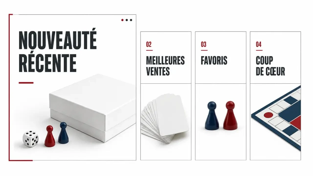 Nouveauté jeux de société : comparaison visuelle entre nouveauté récente, meilleures ventes, favoris et coup de cœur