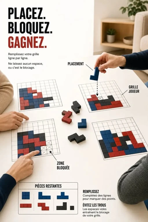 Jeux de société tetris en partie familiale avec grilles individuelles et tétriminos sur une table