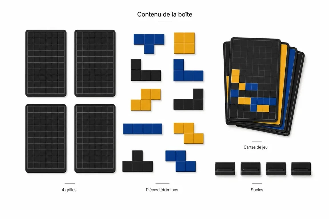 Jeux de société tetris avec contenu de la boîte, grilles, cartes et tétriminos