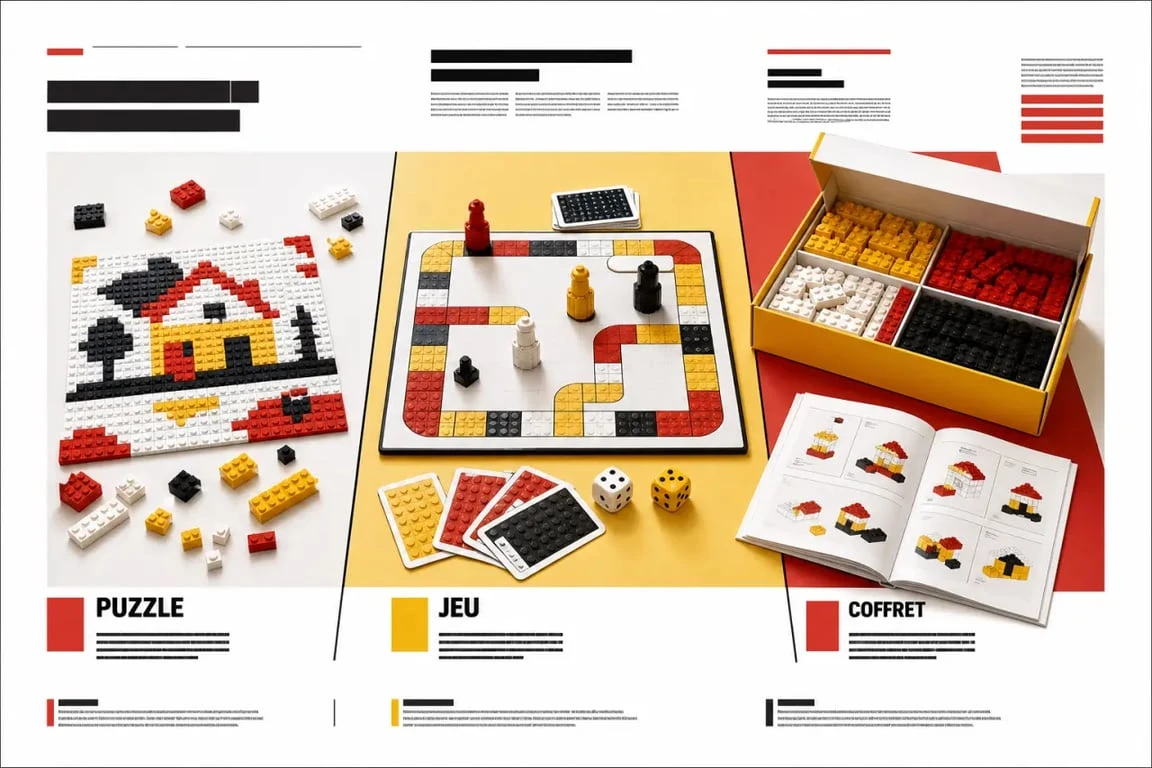 Jeux de société LEGO comparés à un puzzle LEGO et à un coffret de construction