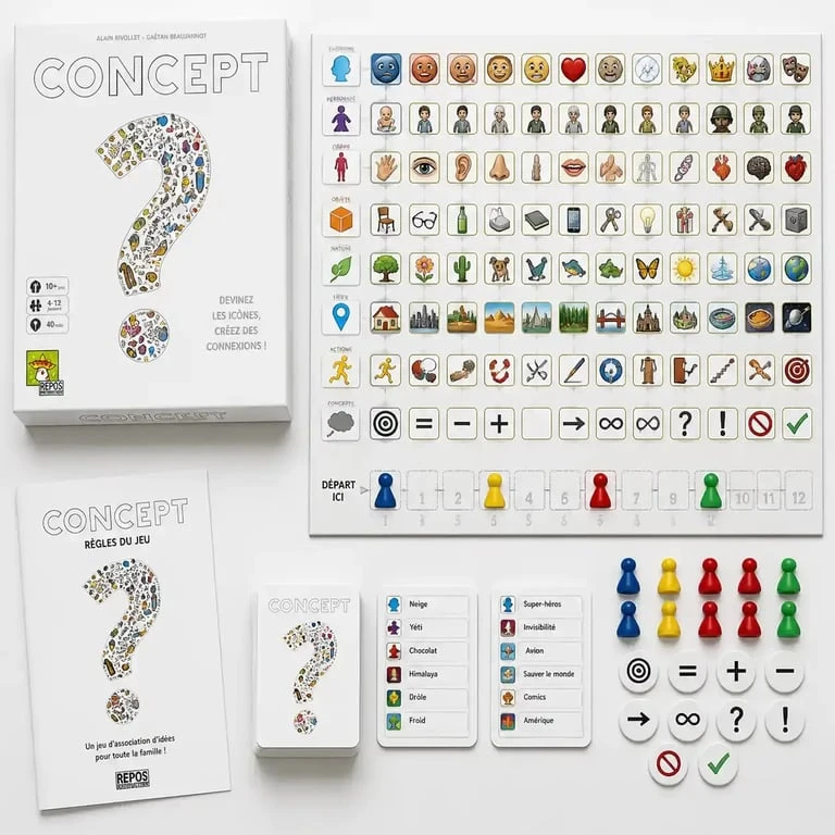 Plateau de jeu de société Concept avec ses icônes universelles et ses jetons