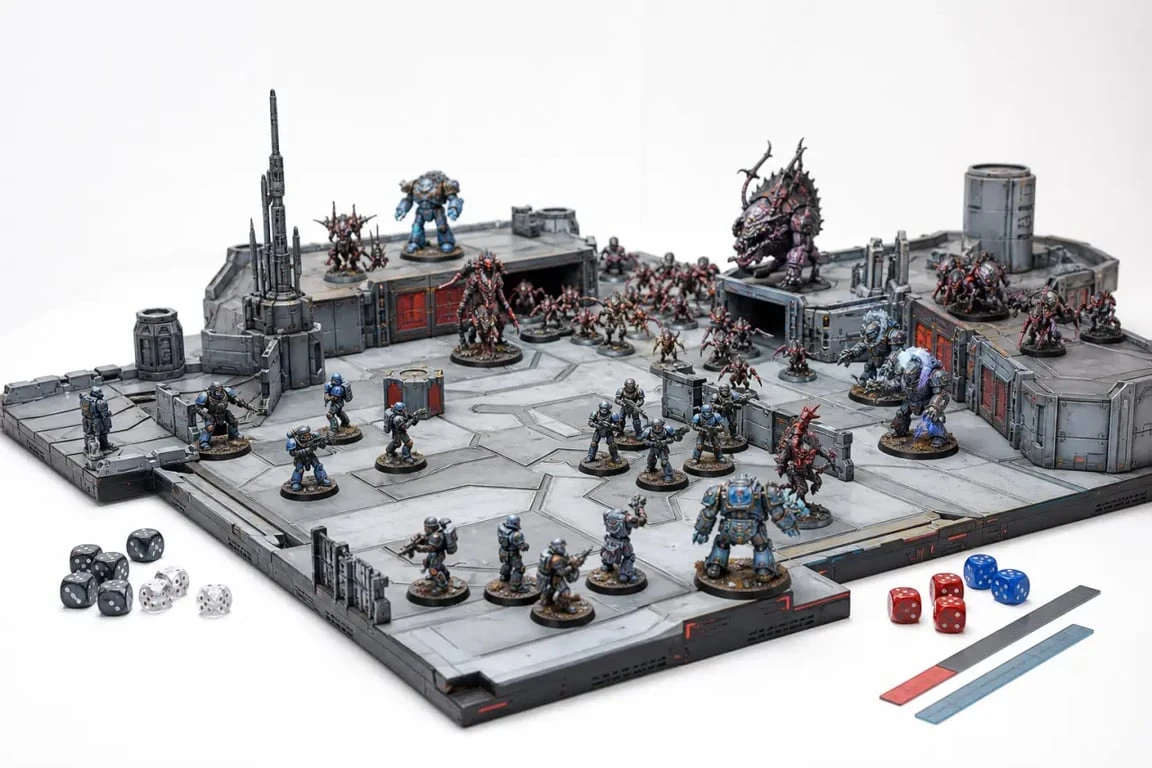 StarCraft jeux de plateau : miniatures Terrans, Zergs et Protoss sur une table de wargame