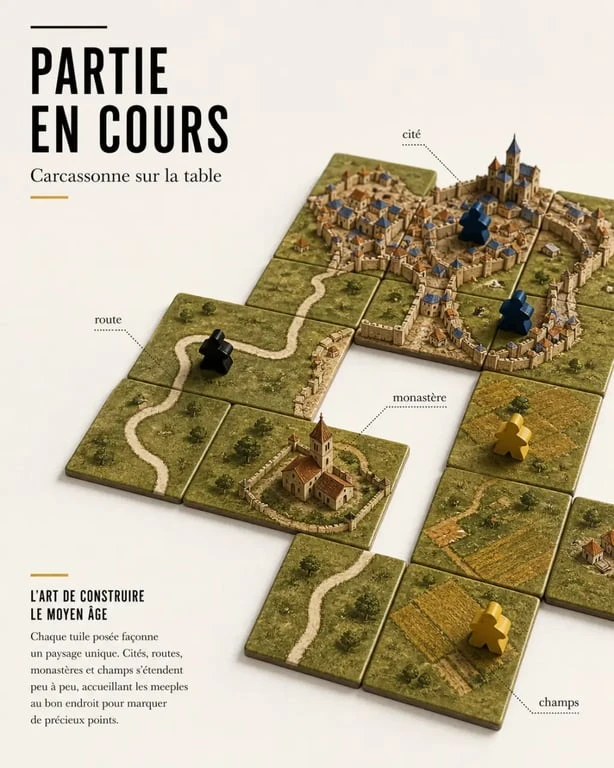 Carcassonne jeux de société : visualisation de la pose de tuiles et des meeples sur un plateau médiéval