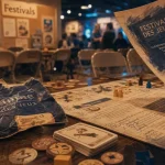 Festivals jeux de société : dépliant et cartes sur une table de festival