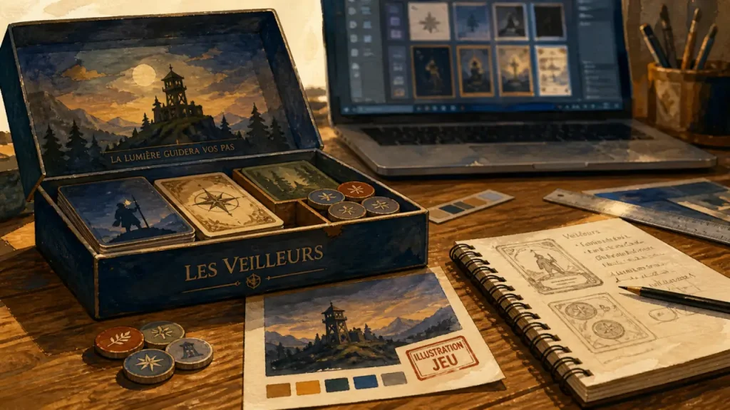 Illustration jeux de société : maquette de boîte de jeu sur table