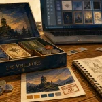 Illustration jeux de société : maquette de boîte de jeu sur table