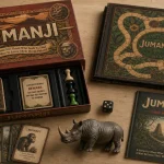 Jeux de société Jumanji : boîte ouverte, pions et dé, vue table famille