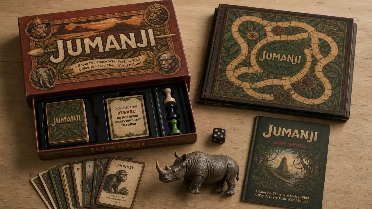 Jeux de société Jumanji : boîte ouverte, pions et dé, vue table famille