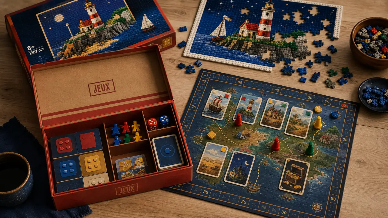 Jeux de société lego : boîte, cartes, dés et puzzle LEGO