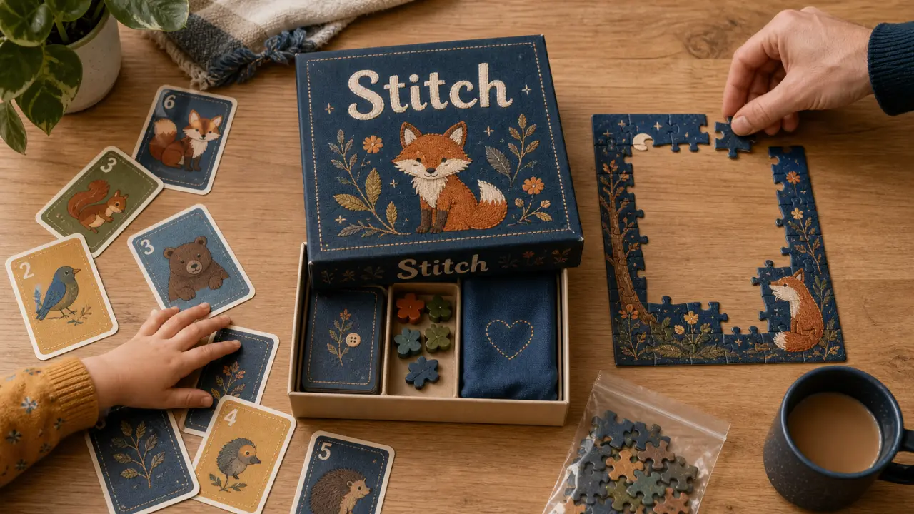Jeux de société stitch : cartes et puzzle sur table, enfant et adulte