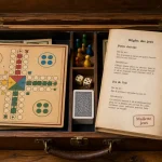 Mallette jeux de société en bois ouverte, dés et livret de règles
