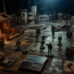 This war of mine jeux de plateau : survivants et abri, lumière chaude et ruines