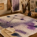 Art visuel maternelle : pointillisme au coton-tige sur papier, encre et collage