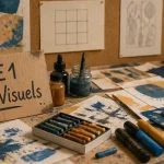 arts visuels ce1 : table de classe avec peintures et papiers