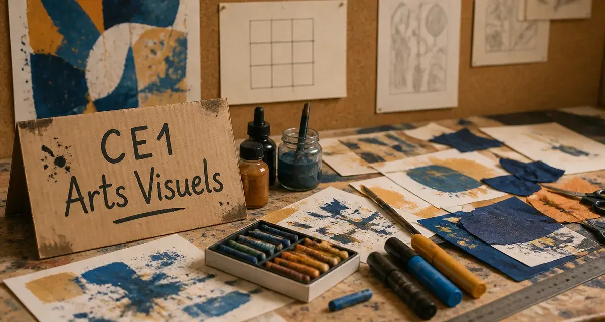 arts visuels ce1 : table de classe avec peintures et papiers