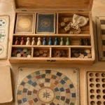 Coffret jeux de société en bois, ouvert : pions, dés et cartes