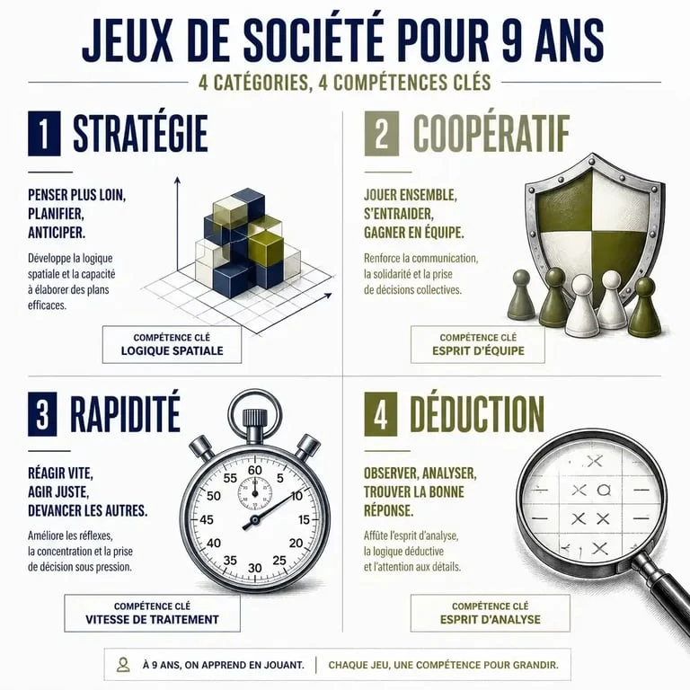 Infographie des compétences développées par les jeux de société pour enfant de 9 ans