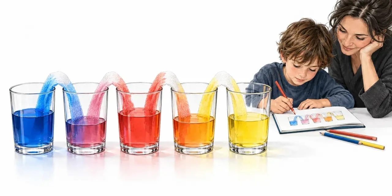 Expérience scientifique enfant montrant l'eau qui marche entre des verres par capillarité