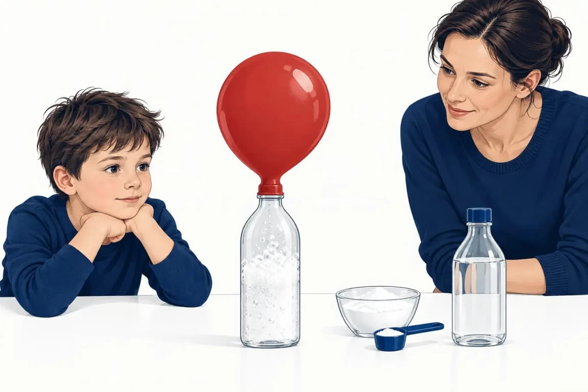 Expérience scientifique enfant avec un ballon qui se gonfle grâce au vinaigre et au bicarbonate