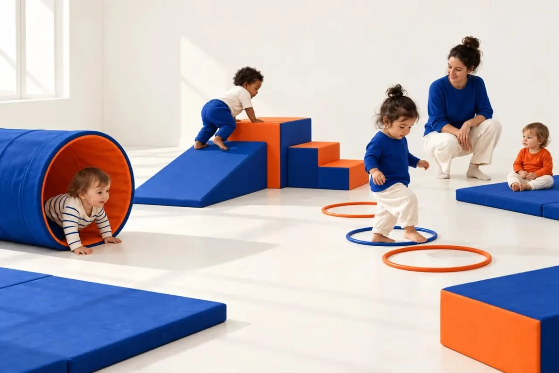 Activité creche de motricité libre avec parcours en mousse sécurisé