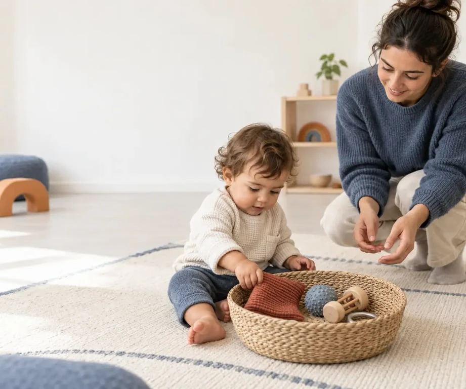 Activité creche sensorielle avec panier de découverte et accompagnement d'un professionnel