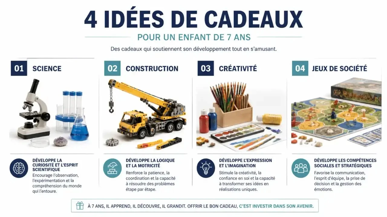 Infographie des idées cadeau enfant 7 ans par catégorie et bénéfices