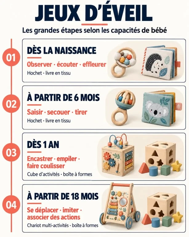 Infographie des jeux d’éveil adaptés à l’âge et aux gestes de bébé