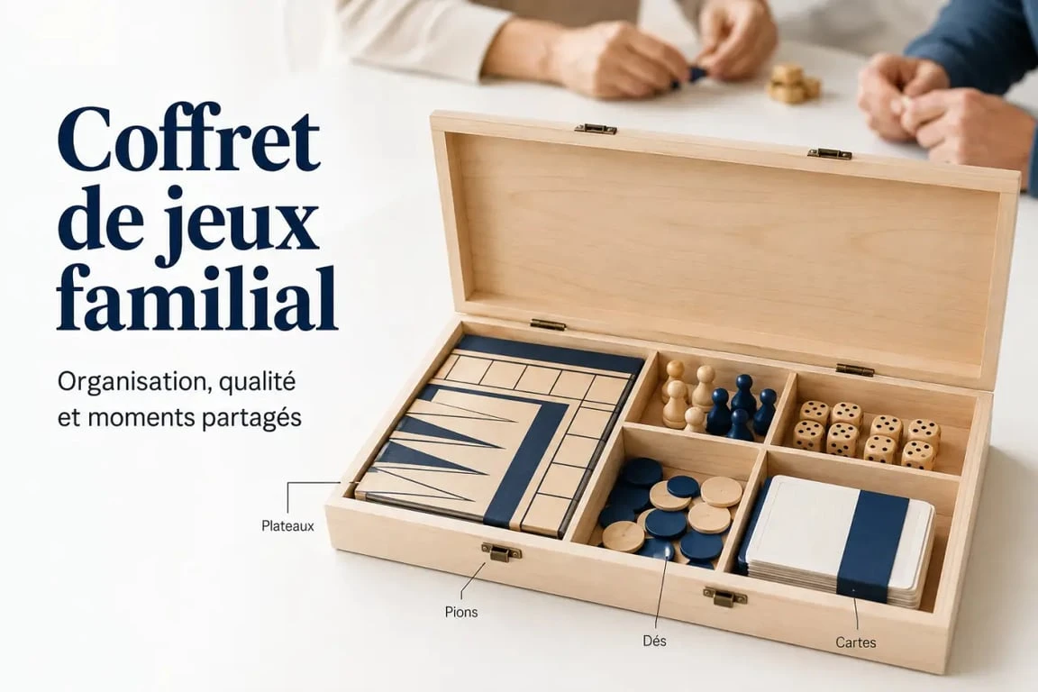 Coffret jeux de société en bois ouvert avec accessoires et plateaux visibles