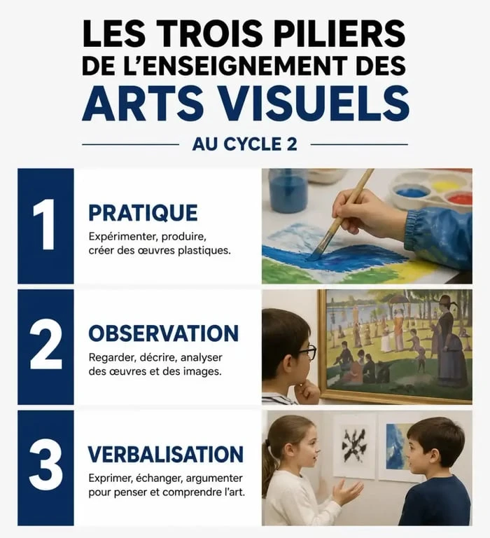 Infographie des trois piliers de l'enseignement des arts visuels au CE1 : pratique, observation et verbalisation