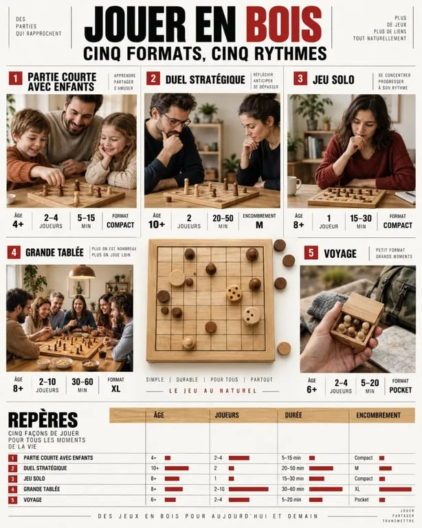 Infographie des jeux de société en bois selon l’âge, le nombre de joueurs, la durée et le format